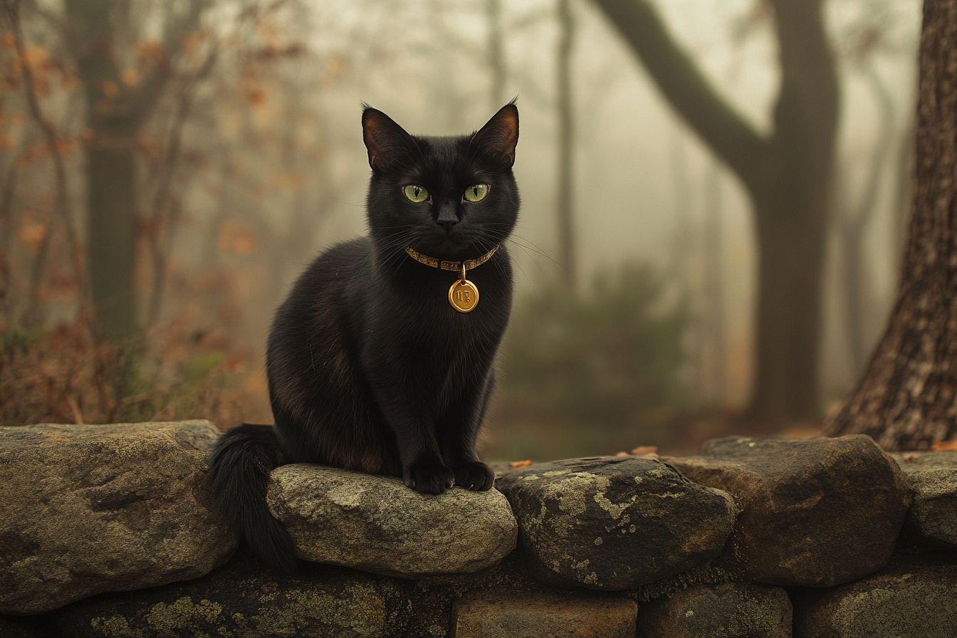 Un gato negro sentado en un muro de piedra | Fuente: Midjourney