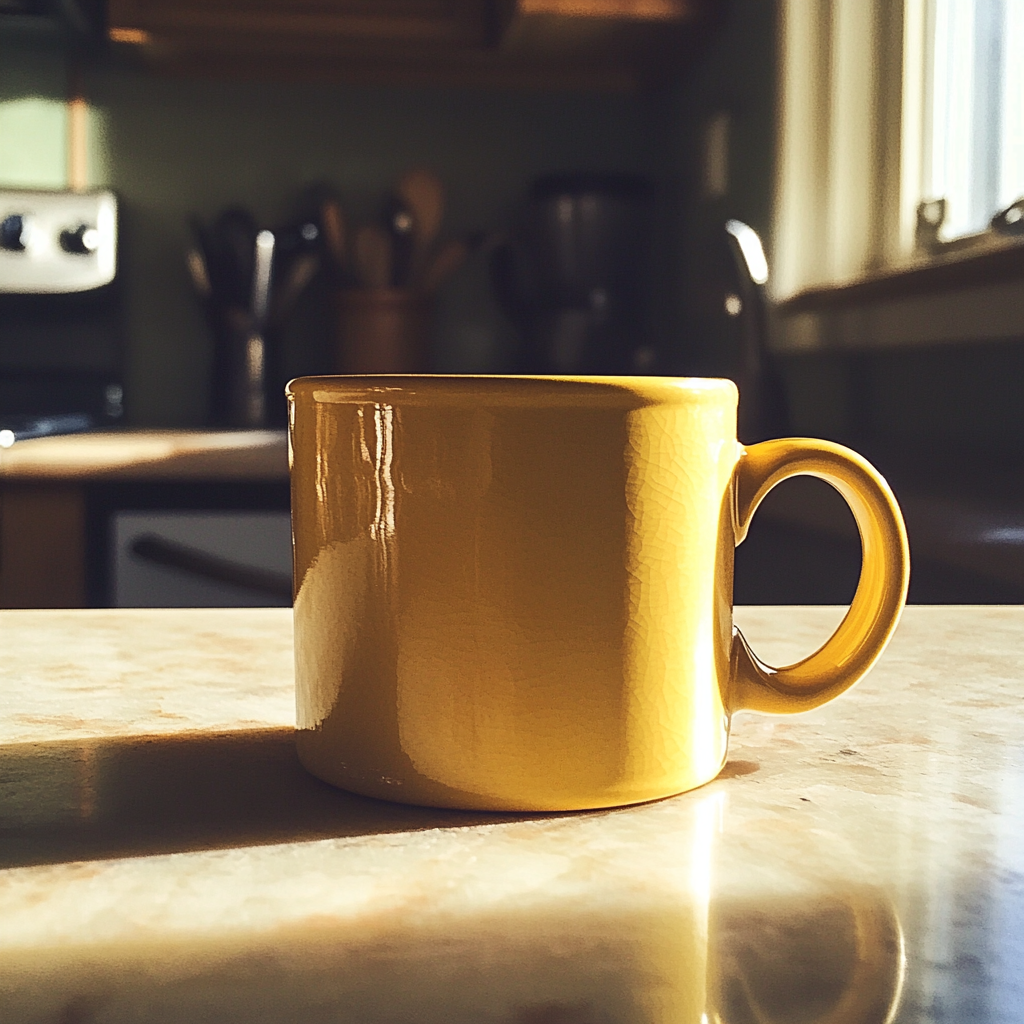 Una taza amarilla sobre la mesa de la cocina | Fuente: Midjourney