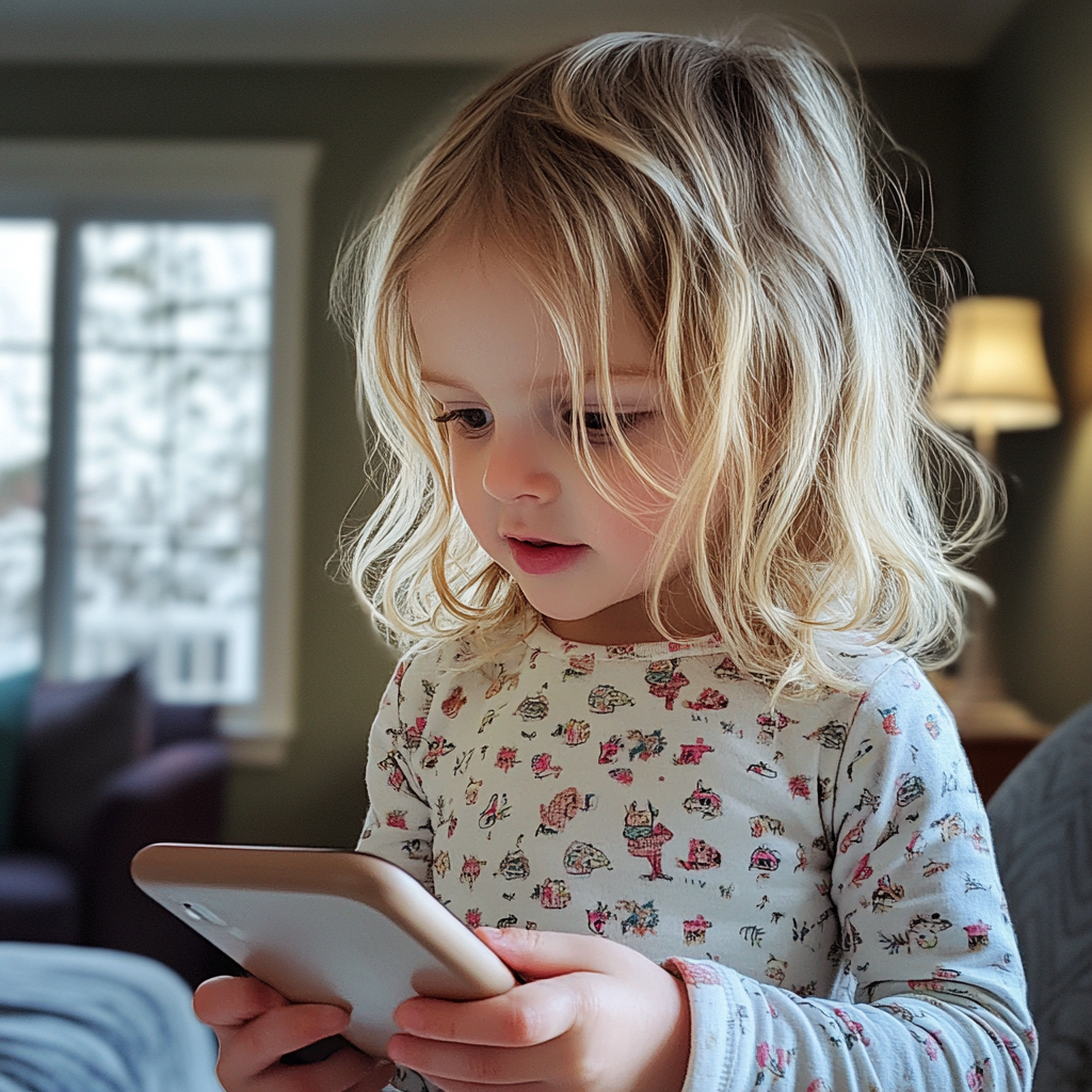 Una niña con un teléfono en la mano | Fuente: Midjourney