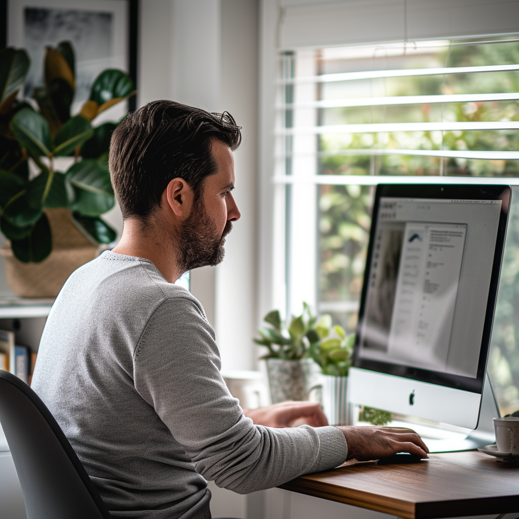 Un hombre trabajando en la oficina de su casa | Fuente: Midjourney