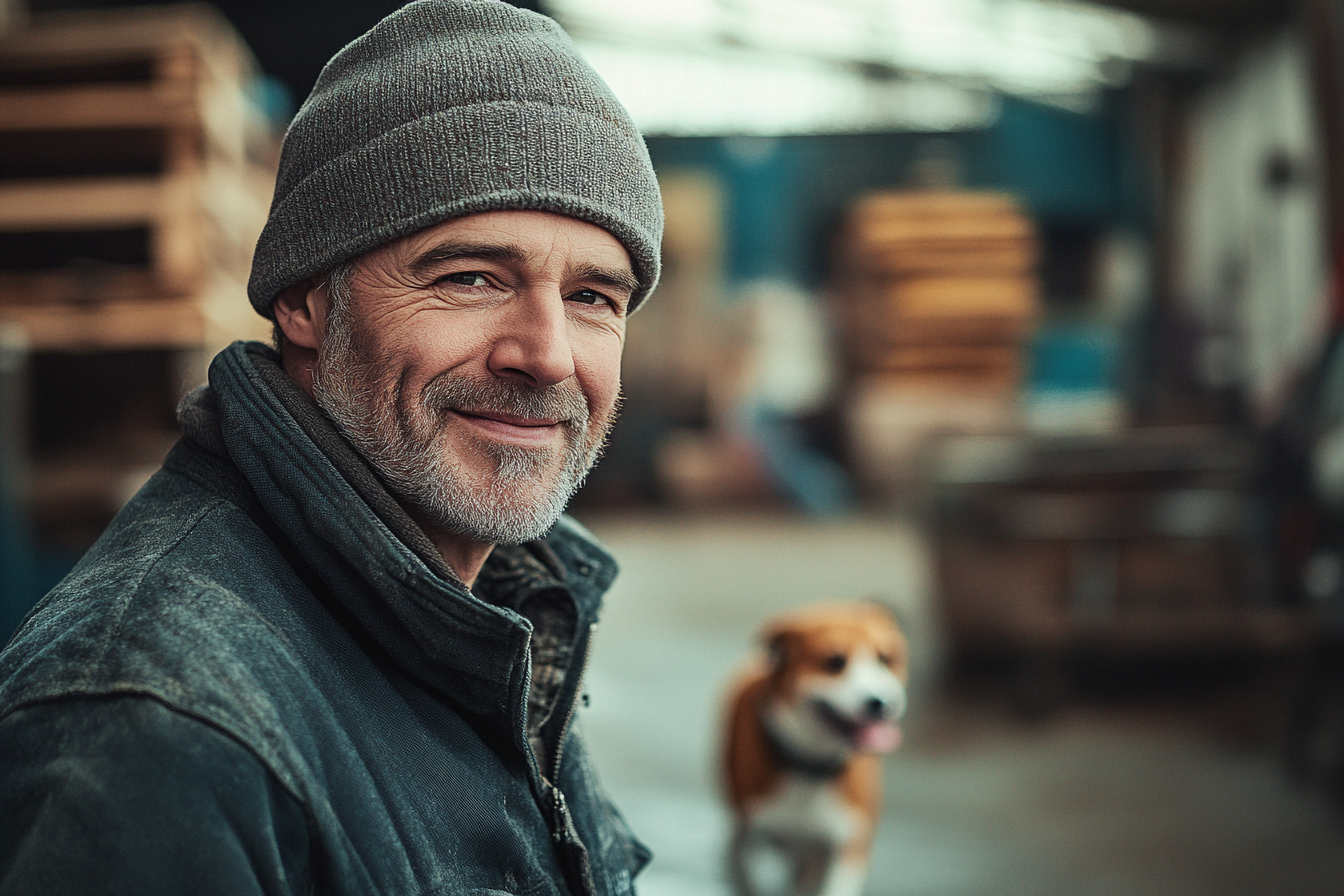 Hombre mayir sonriendo en un almacén con un perro al fondo | Fuente: Midjourney