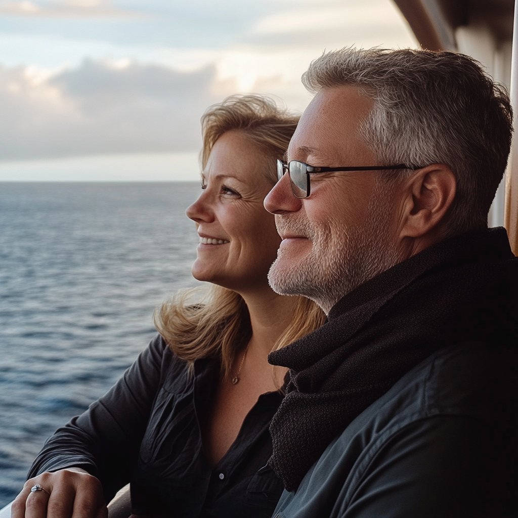 Un hombre mirando al mar con su esposa | Fuente: Midjourney