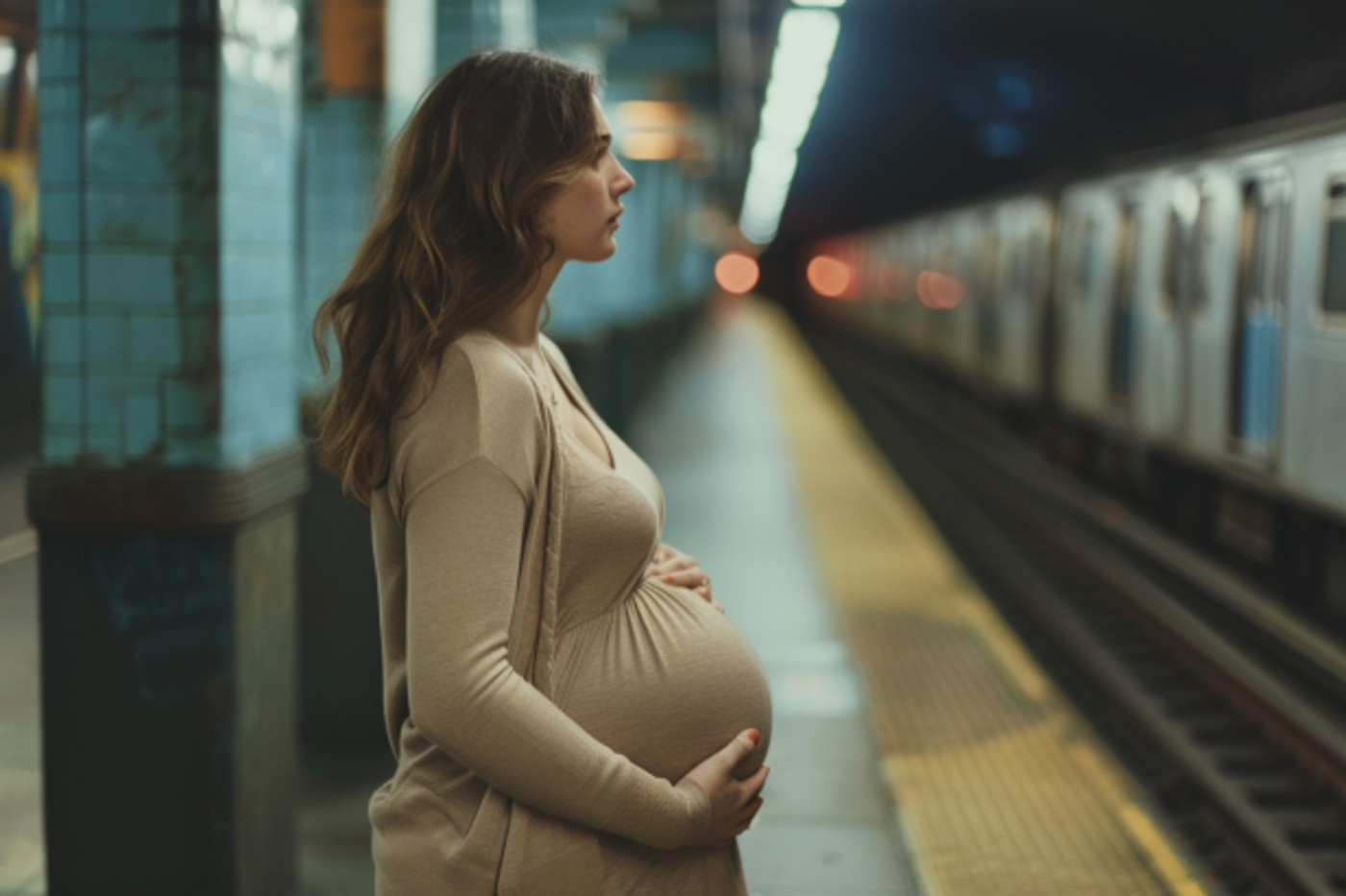 Una mujer muy embarazada en un andén del metro | Fuente: Midjourney