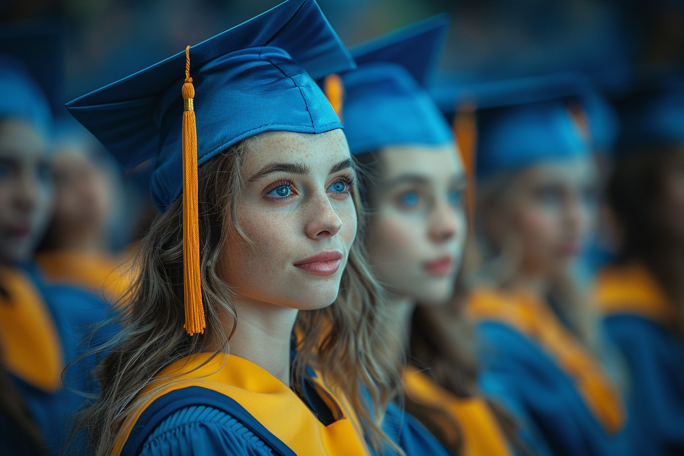 Mujer con traje de graduación junto a otros graduados | Fuente: Midjourney