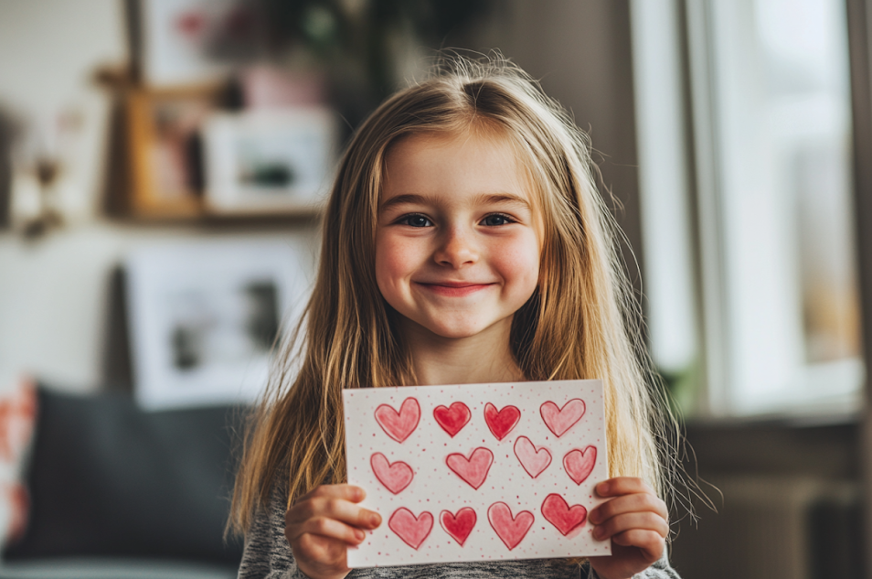 Una niña alegre con un dibujo en la mano | Fuente: Midjourney