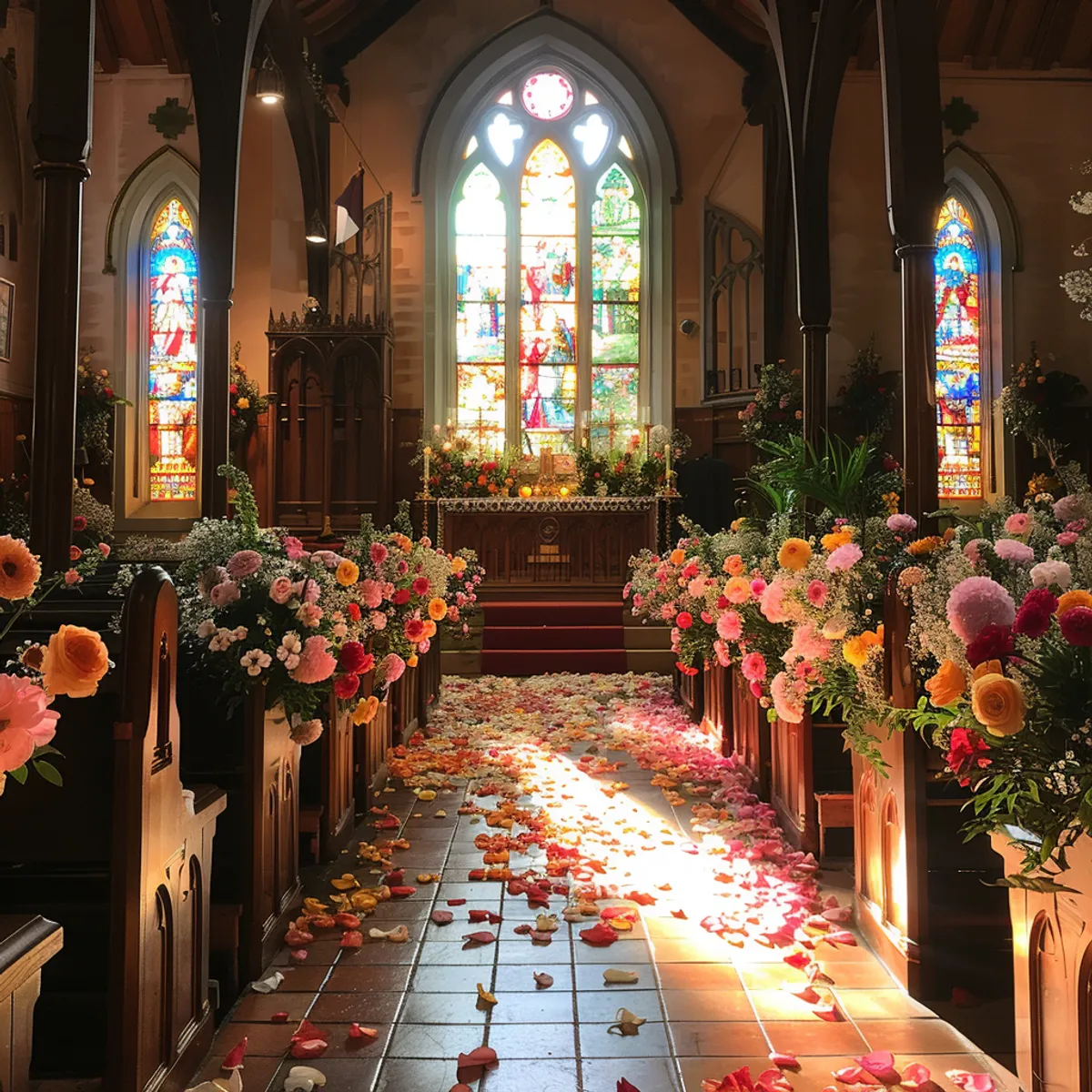 Una iglesia preparada para una boda | Fuente: Midjourney