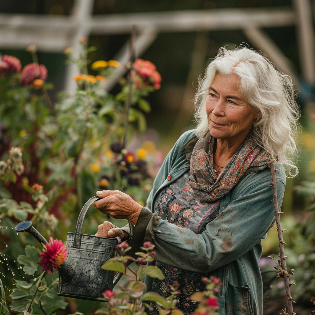 Una anciana regando las plantas de su jardín | Fuente: Midjourney