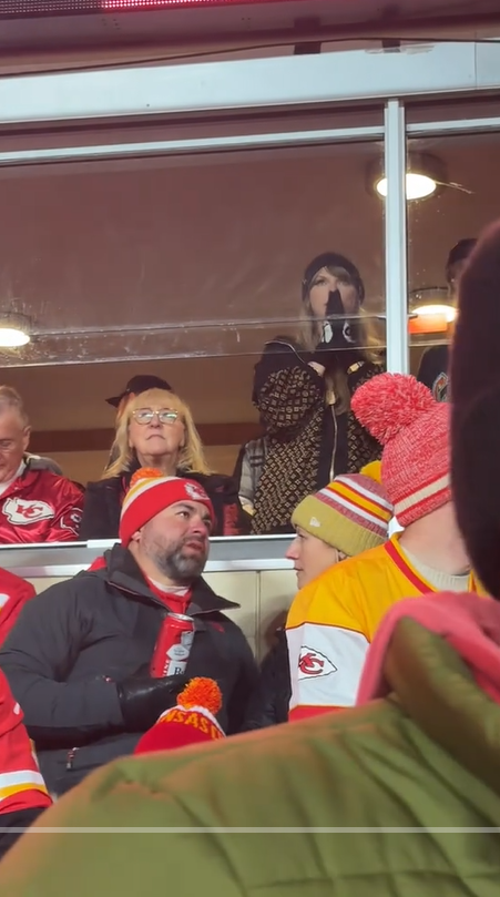 Taylor Swift de pie mientras ve el partido, con Donna Kelce sentada a su lado | Fuente: TikTok/auntsoftiktok