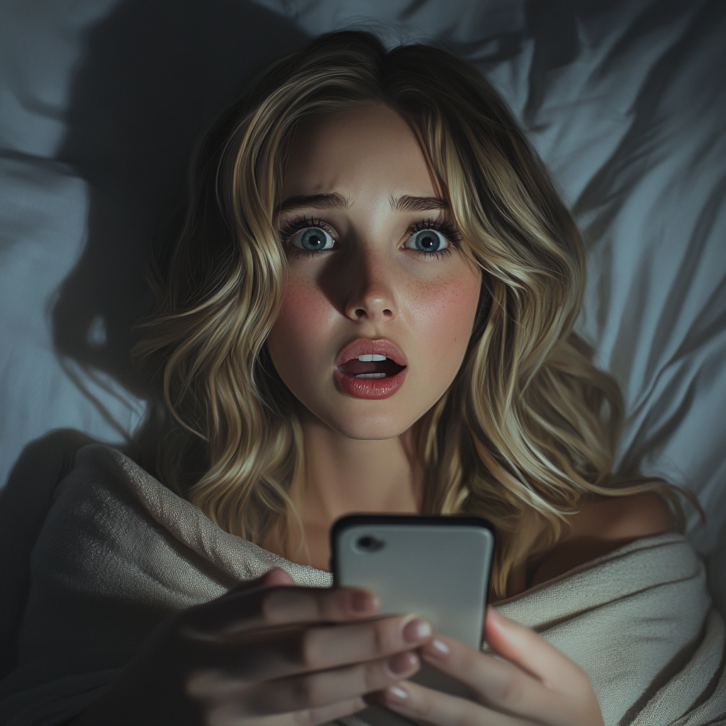 Una mujer asustada en la cama sujetando un teléfono | Fuente: Midjourney