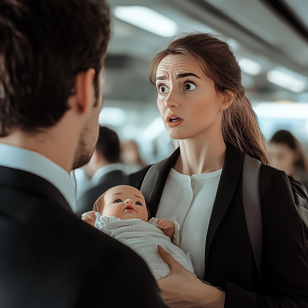 Mujer conmocionada sujetando un muñeco bebé | Fuente: Midjourney