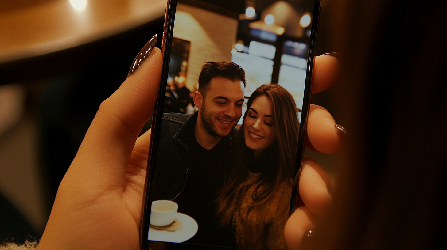 Foto de una pareja en la pantalla de un móvil | Fuente: Midjourney