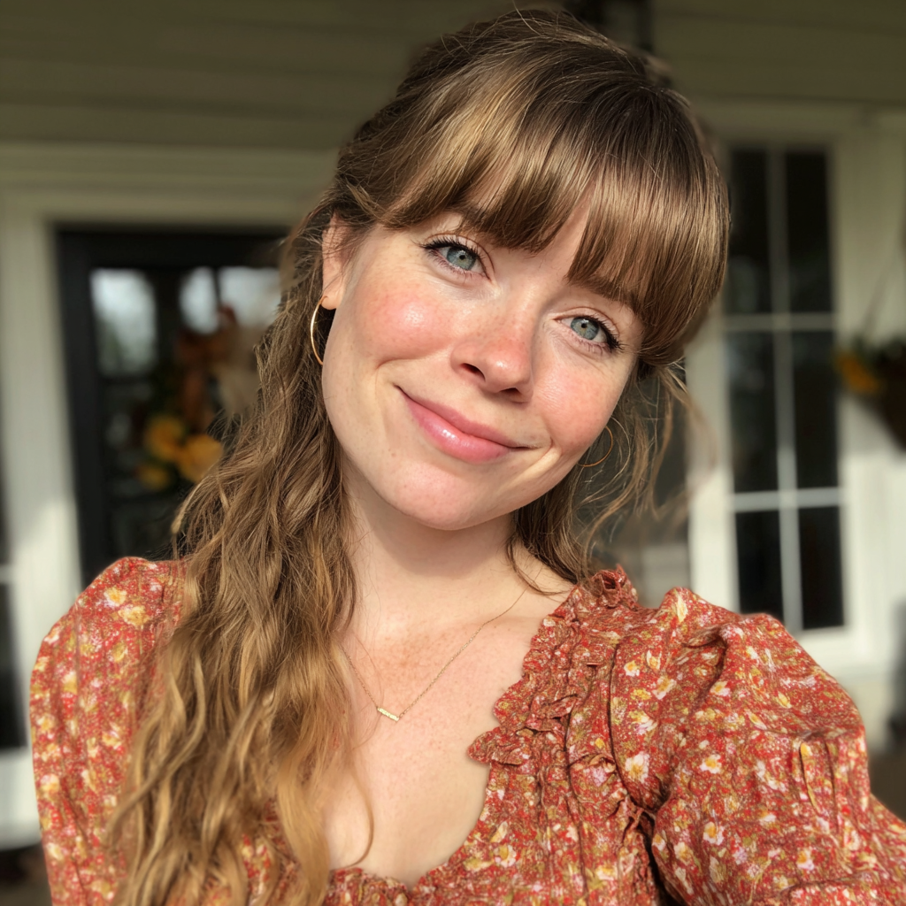 Una donna sorridente in piedi su un portico | Fonte: Midjourney