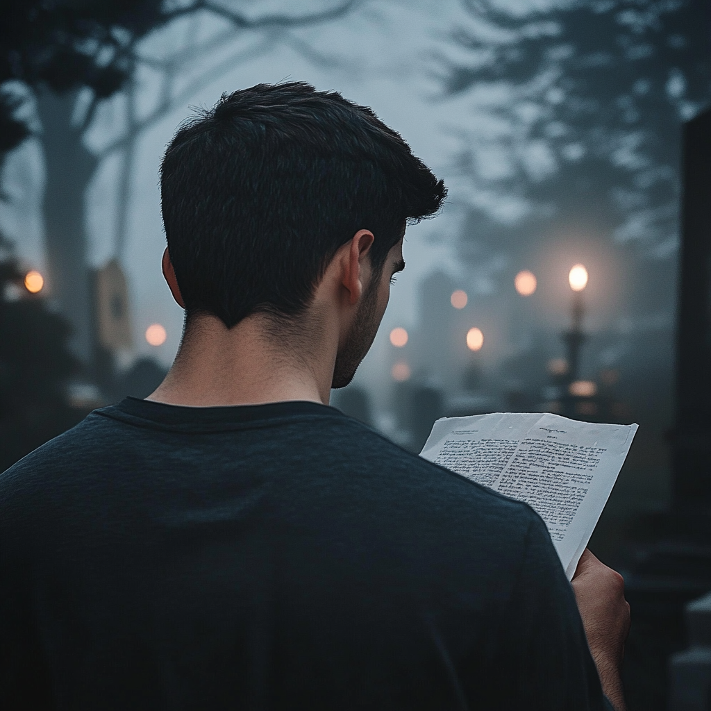 Un hombre leyendo una carta en un cementerio | Fuente: Midjourney