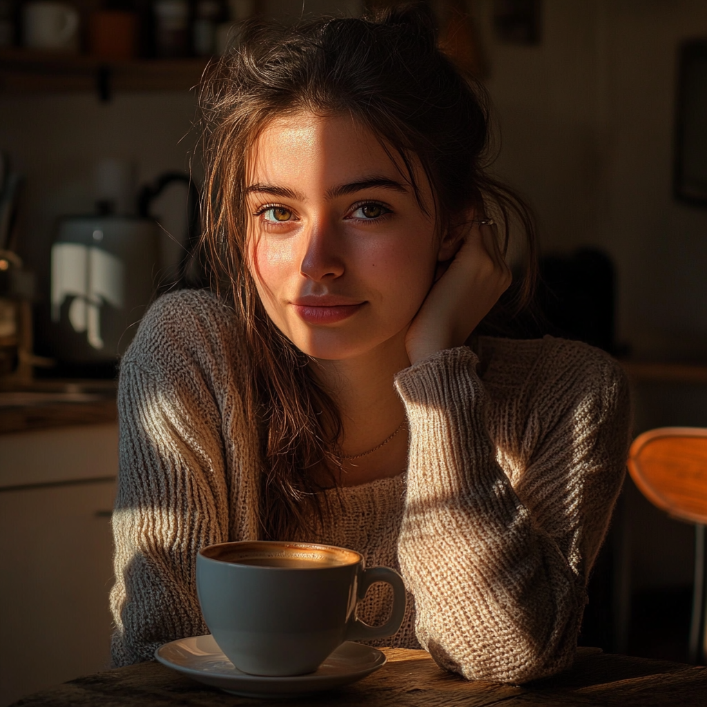 Mujer sonriendo mientras toma café | Fuente: Midjourney