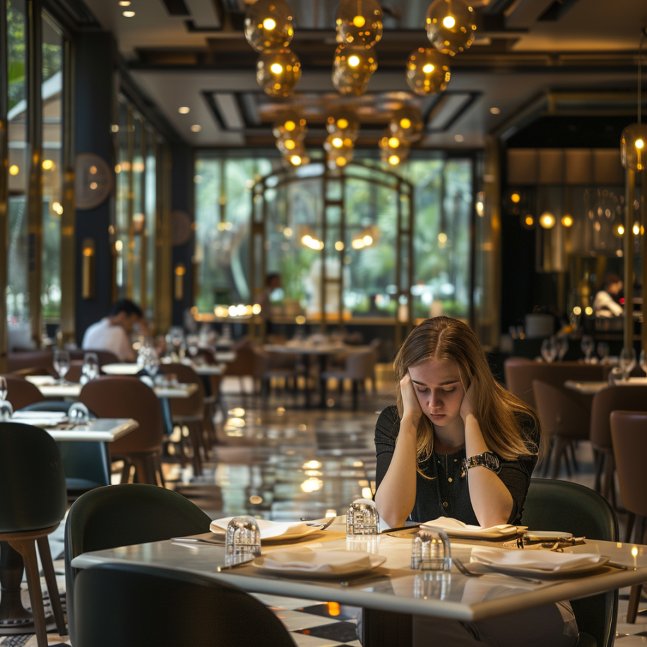 Una mujer cargada de remordimientos está sentada sola en un restaurante | Fuente: Midjourney