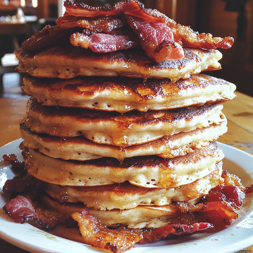 Una pila de tortitas con bacon | Fuente: Midjourney