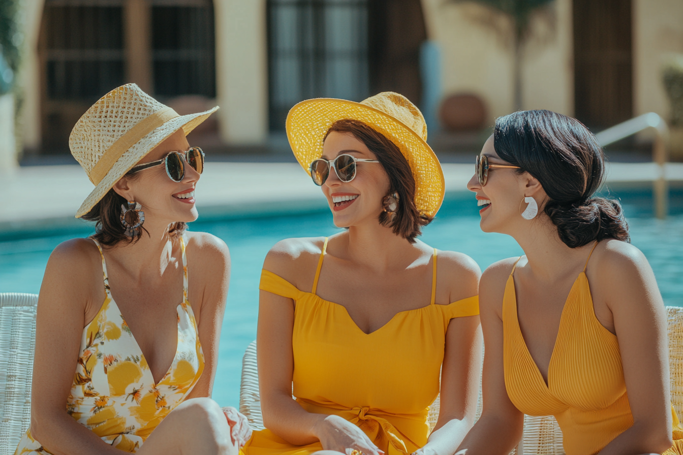 Mujeres elegantes riendo junto a la piscina | Fuente: Midjourney