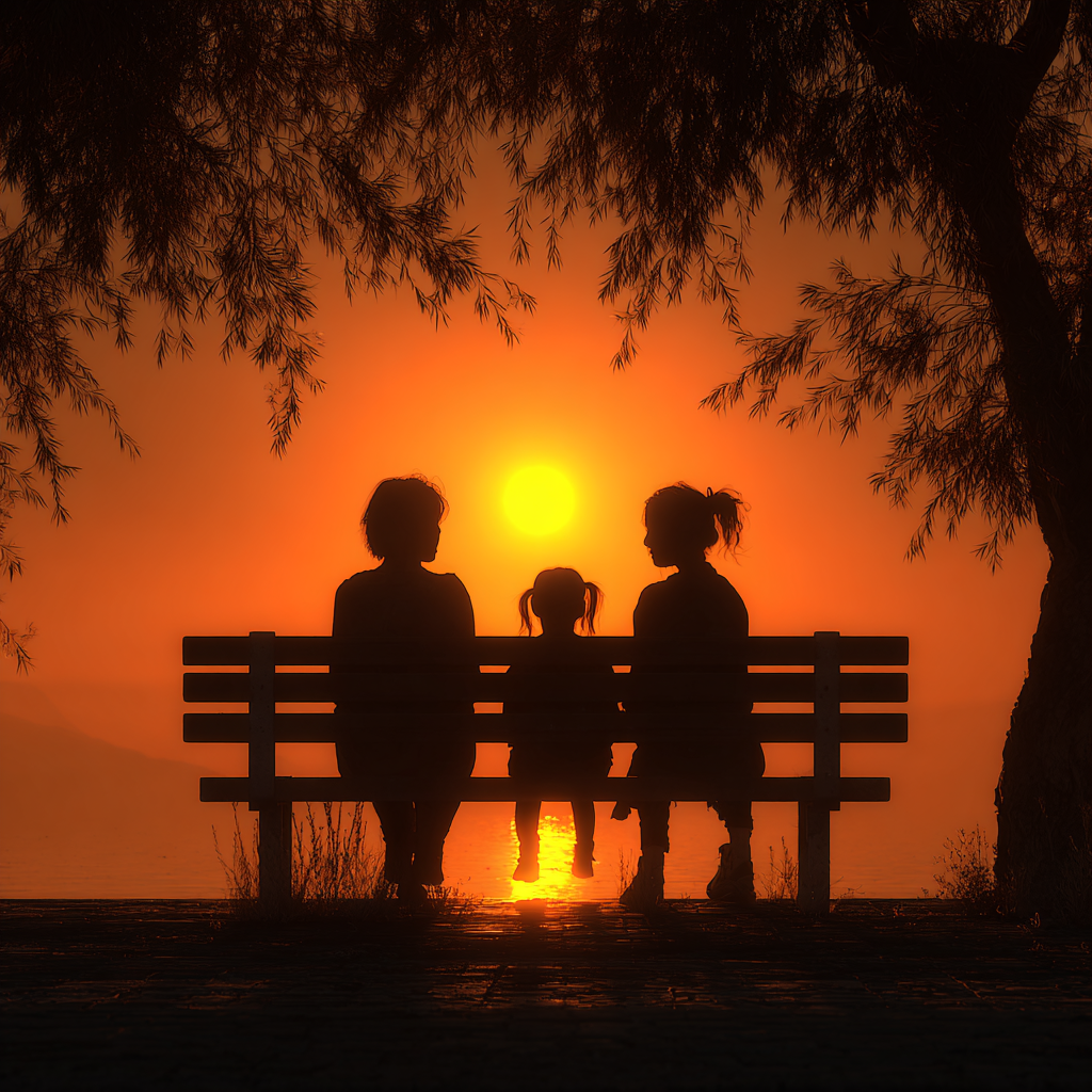 Silhouette di due donne e una bambina che guardano il tramonto da una panchina | Fonte: Midjourney