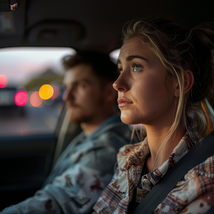 Mujer pensativa sentada en un automóvil con su marido | Fuente: Midjourey