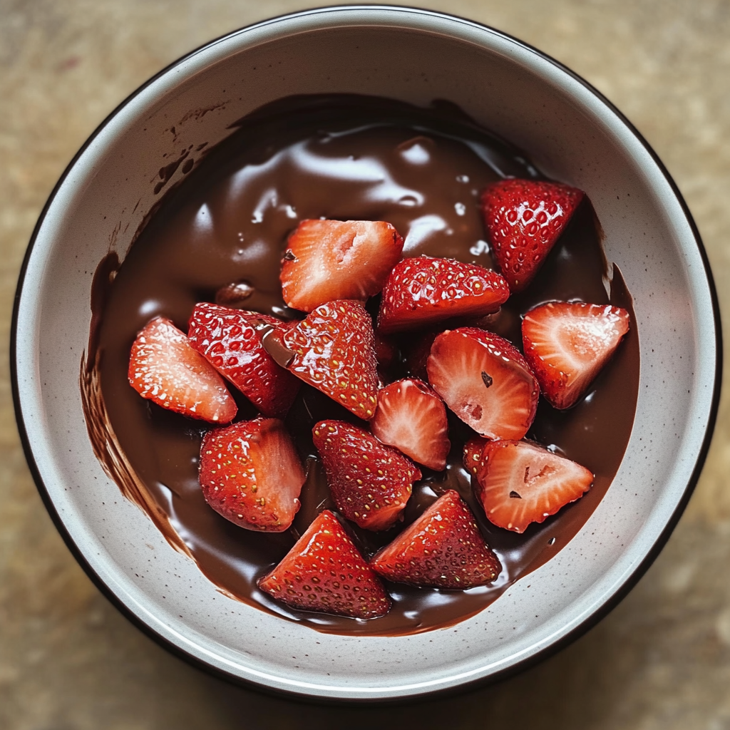 Un bol de fresas y chocolate fundido | Fuente: Midjourney