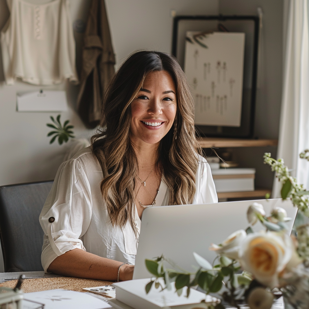 Una mujer sonriente sentada en su escritorio | Fuente: Midjourney