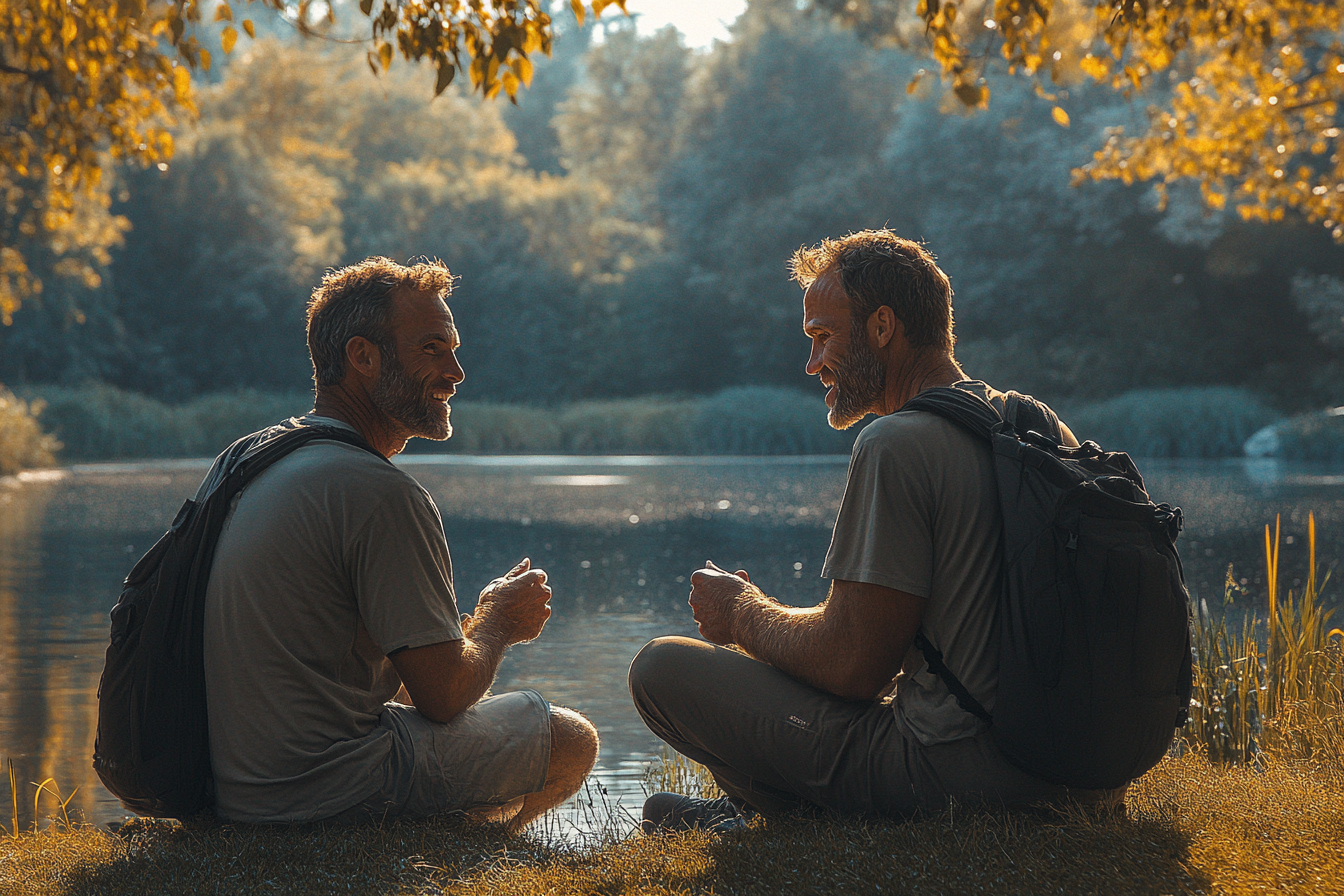 Un hombre hablando con su amigo cerca de un lago | Fuente: Midjourney