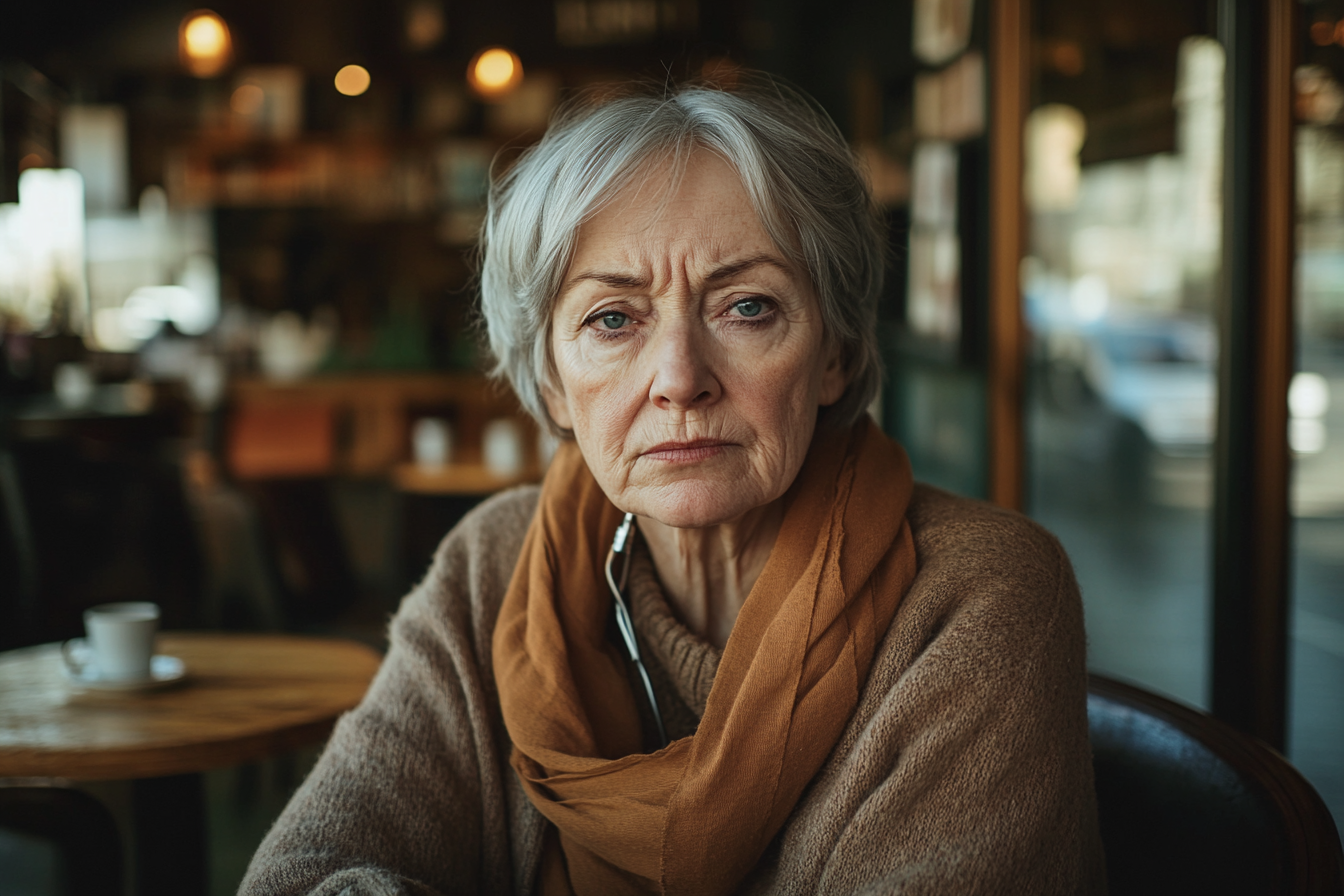 Una mujer mayor en una cafetería, con aspecto enfermo y frágil | Fuente: Midjourney