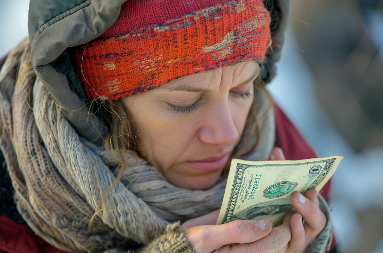 Una mujer sin hogar mirando su billete de cien dólares | Fuente: MidJourney