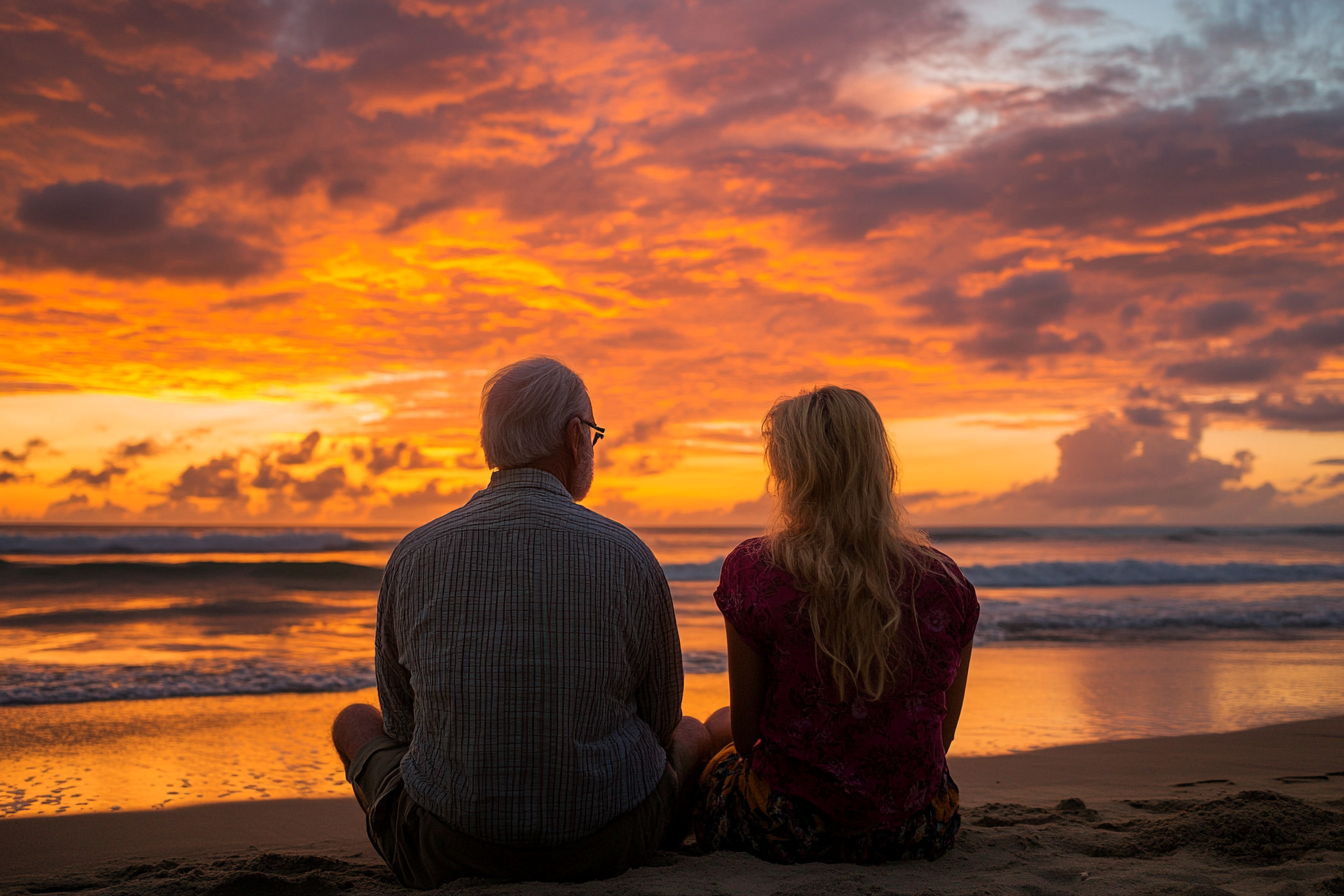 Una mujer y su abuelo en la playa al atardecer | Fuente: Midjourney