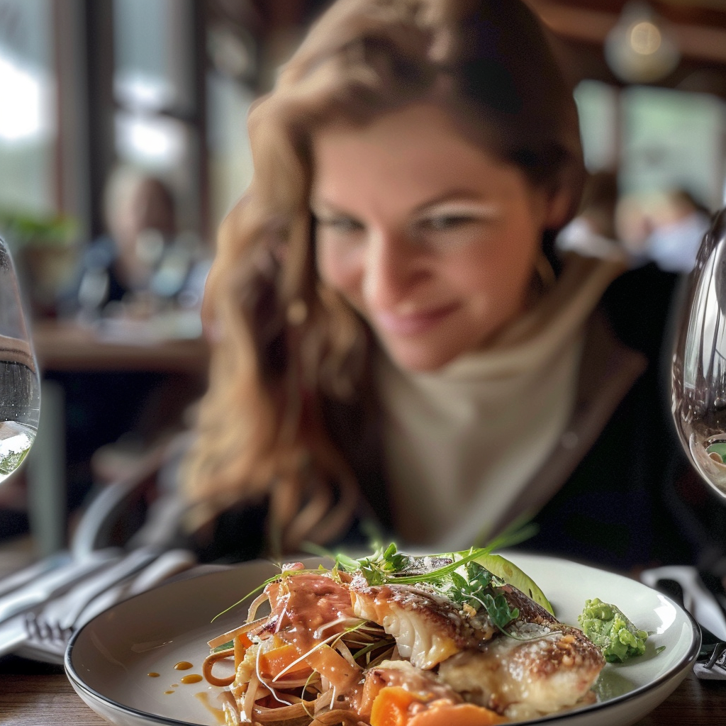 Mujer admirando un plato de comida gourmet | Fuente: Midjourney