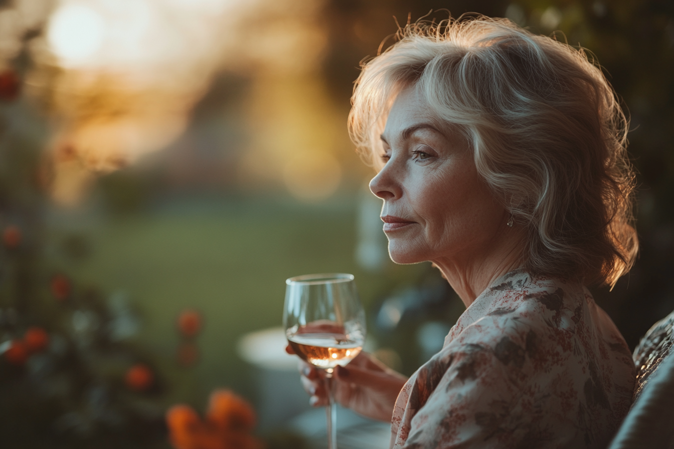 Mujer mayor sumida en profundos pensamientos con una copa de vino en la mano | Fuente: Midjourney