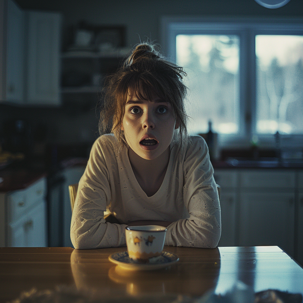 Una mujer aturdida sentada a la mesa de la cocina | Fuente: Midjourney