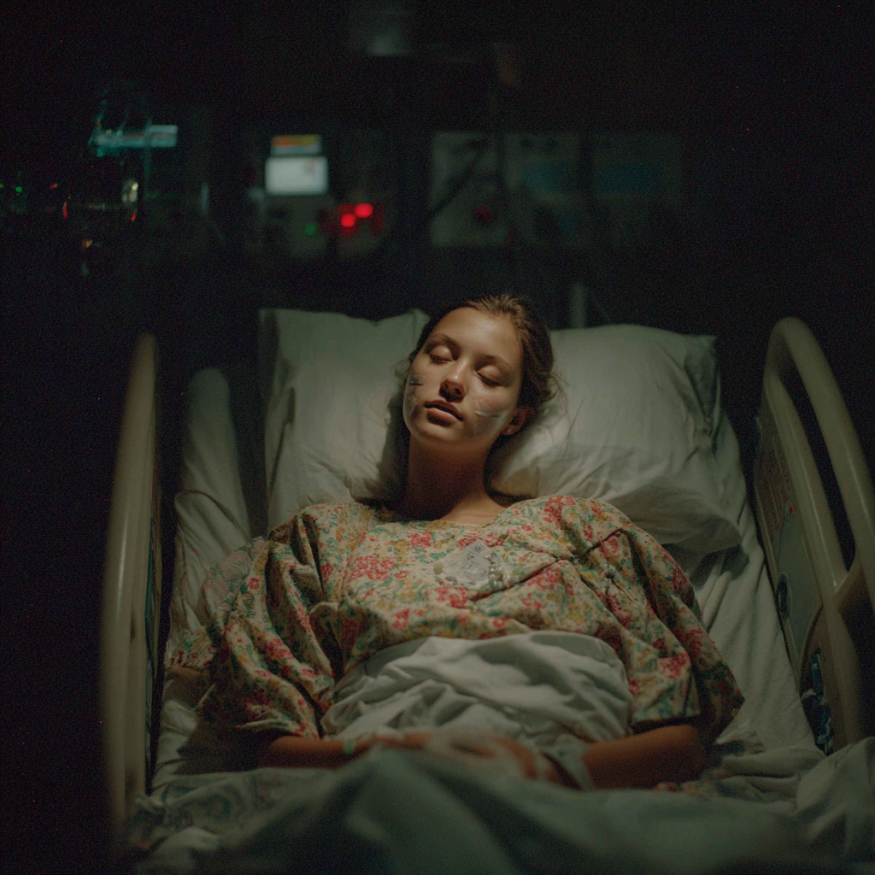 Una joven en una cama de hospital | Fuente: Midjourney