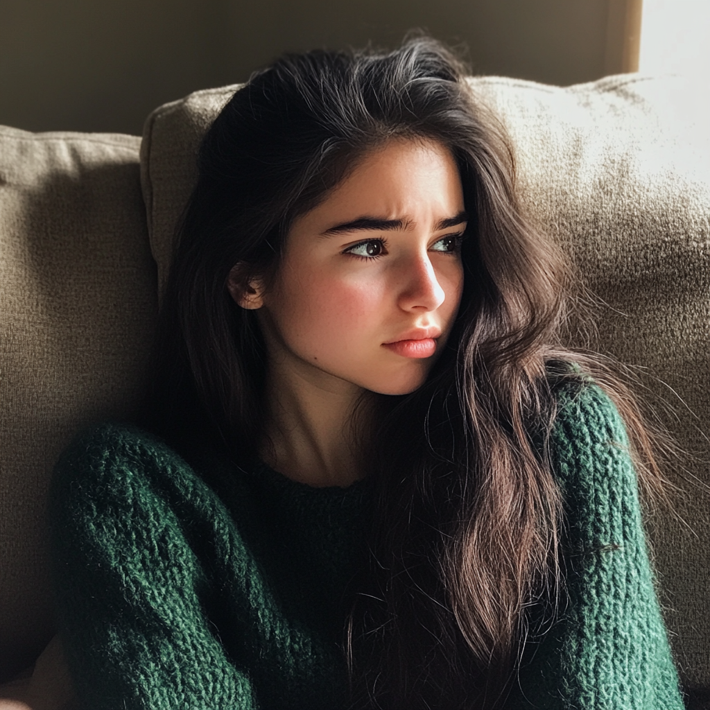 Una adolescente alterada sentada en un sofá | Fuente: Midjourney