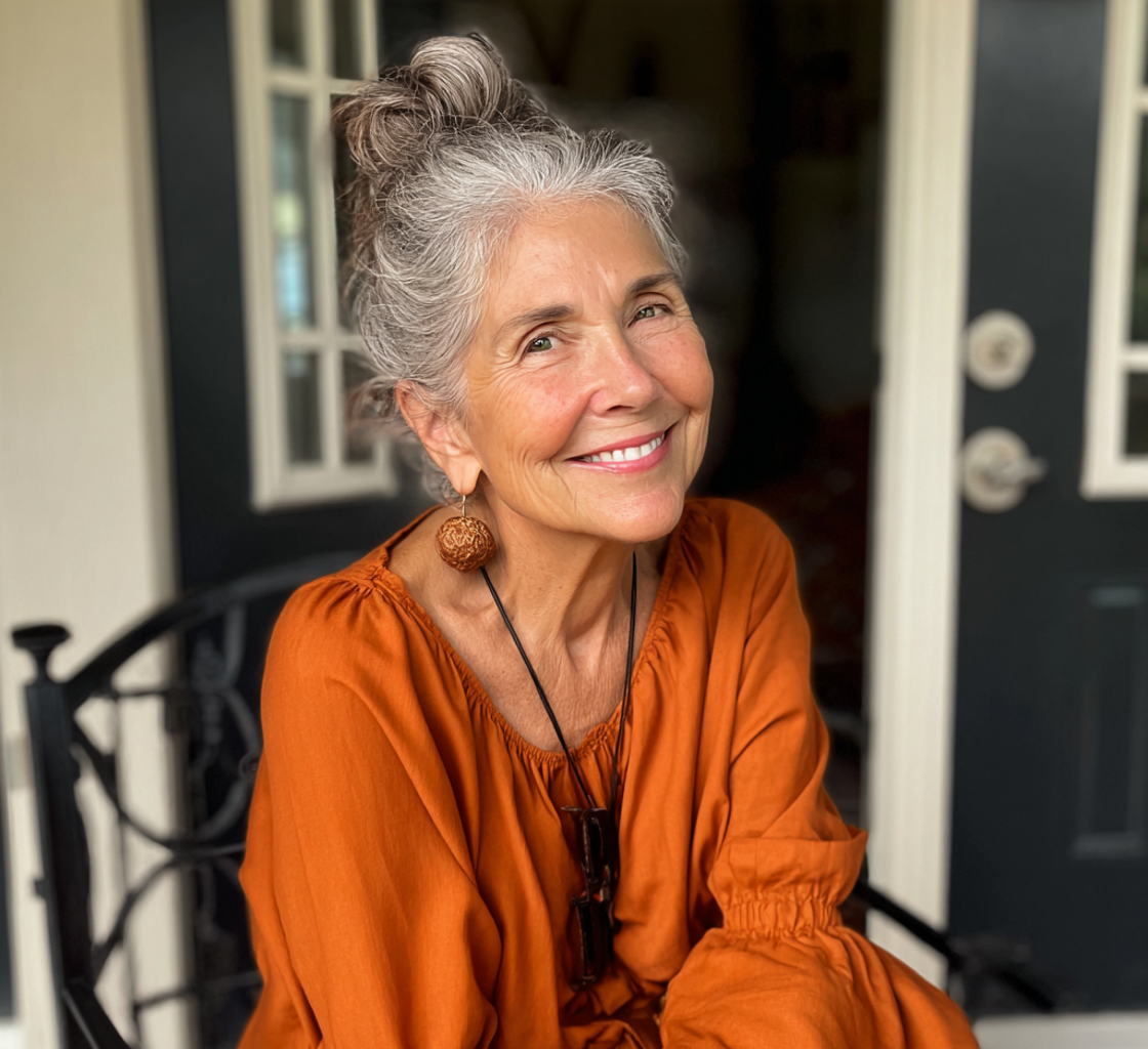 Una anciana sonriente sentada en un porche | Fuente: Midjourney