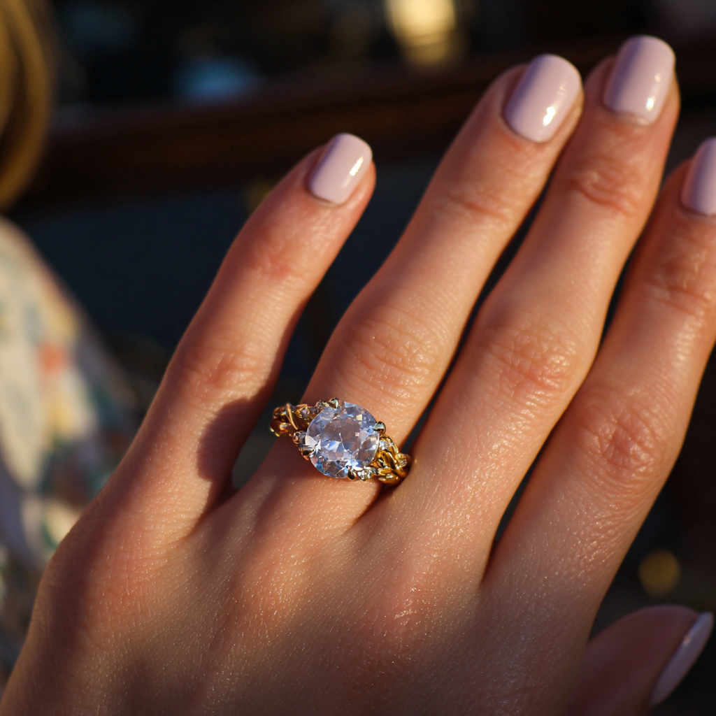 Una mujer mostrando tu anillo de compromiso | Fuente: Midjourney