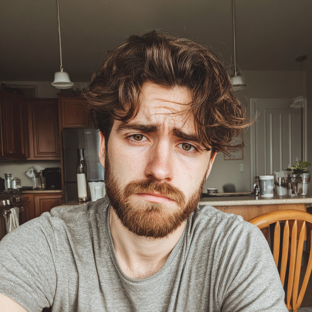 Un hombre ceñudo sentado a la mesa de la cocina | Fuente: Midjourney