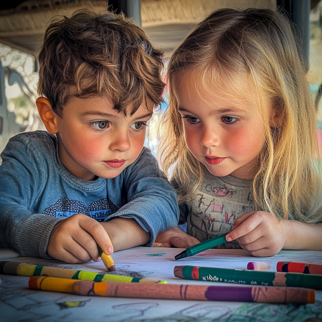 Niños jugando con lápices de colores | Fuente: Midjourney