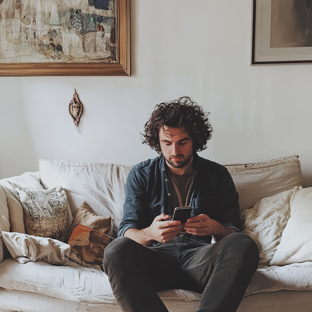 Un hombre sentado en un sofá y utilizando su teléfono | Fuente: Midjourney