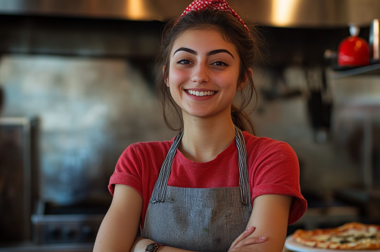 Una mujer trabajando en una pizzería | Fuente: Midjourney