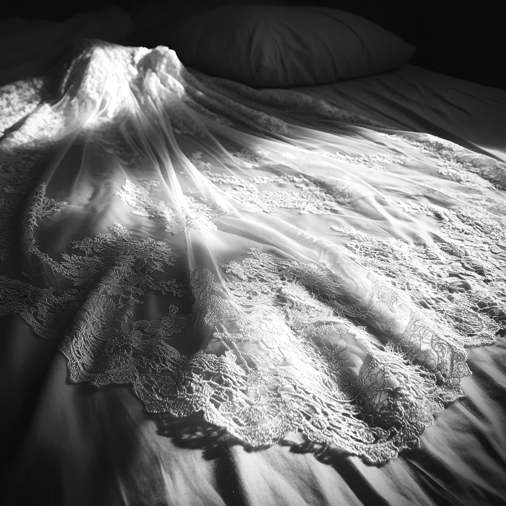 Un vestido de novia sobre una cama | Fuente: Midjourney