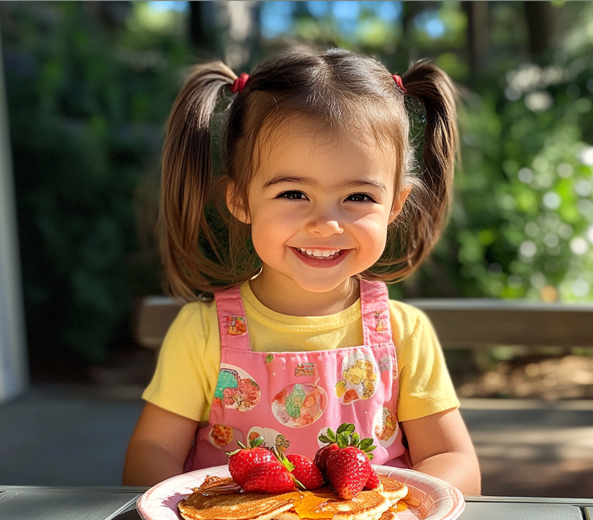 Una niña feliz sentada al aire libre | Fuente: Midjourney