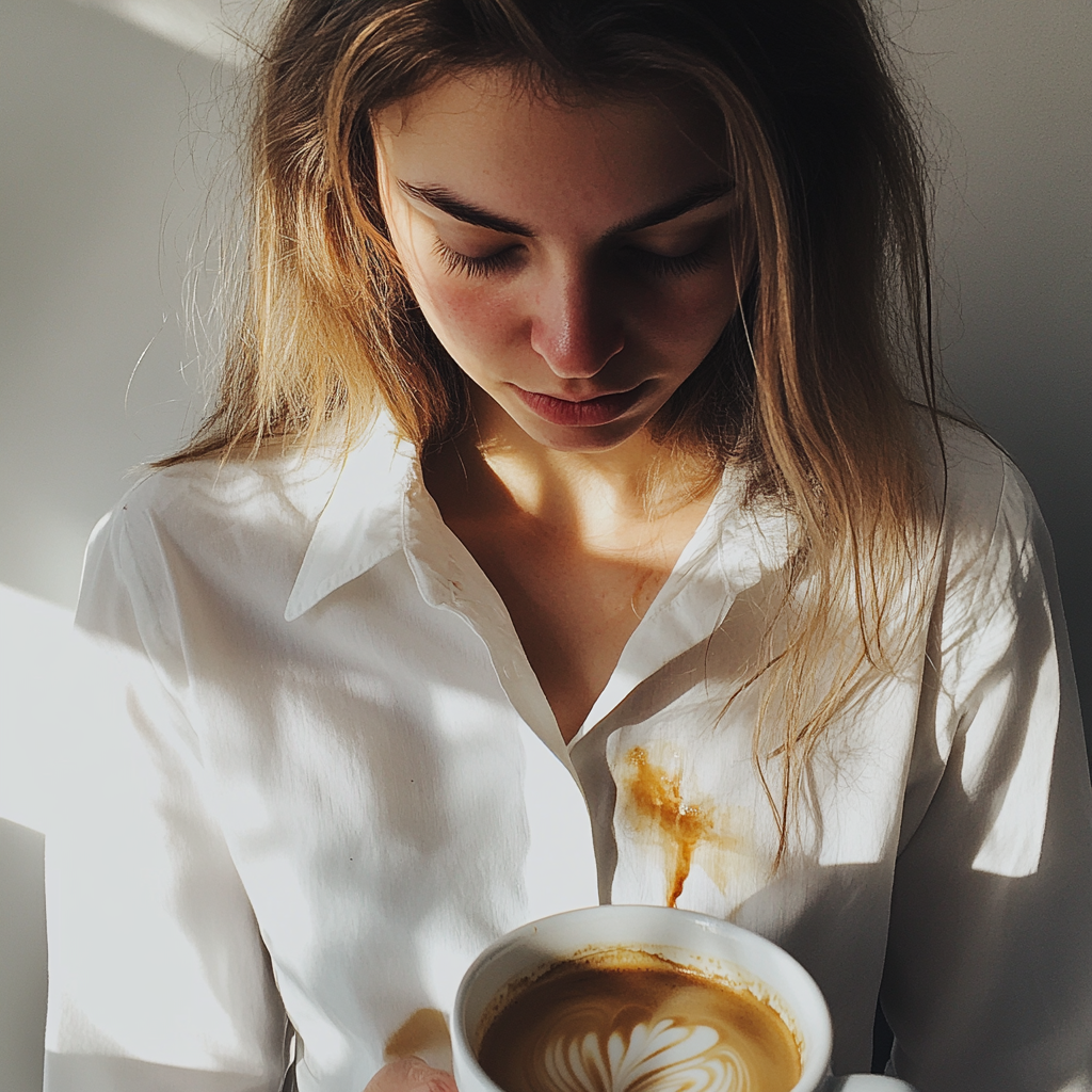 Una mujer con una mancha de café en la camisa | Fuente: Midjourney