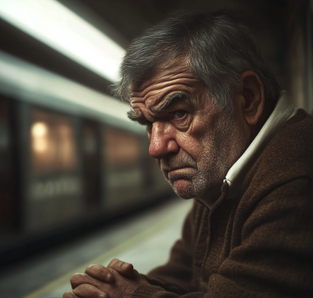 Un anciano esperanzado esperando a alguien en la estación de tren | Fuente: Midjourney