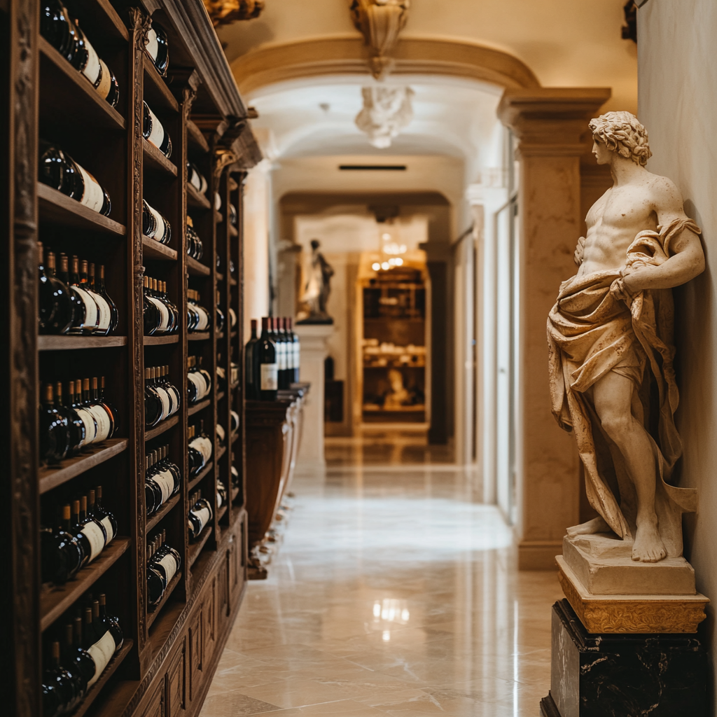 El interior de una casa elegante con una bodega y una estatua de mármol en el vestíbulo | Fuente: Midjourney