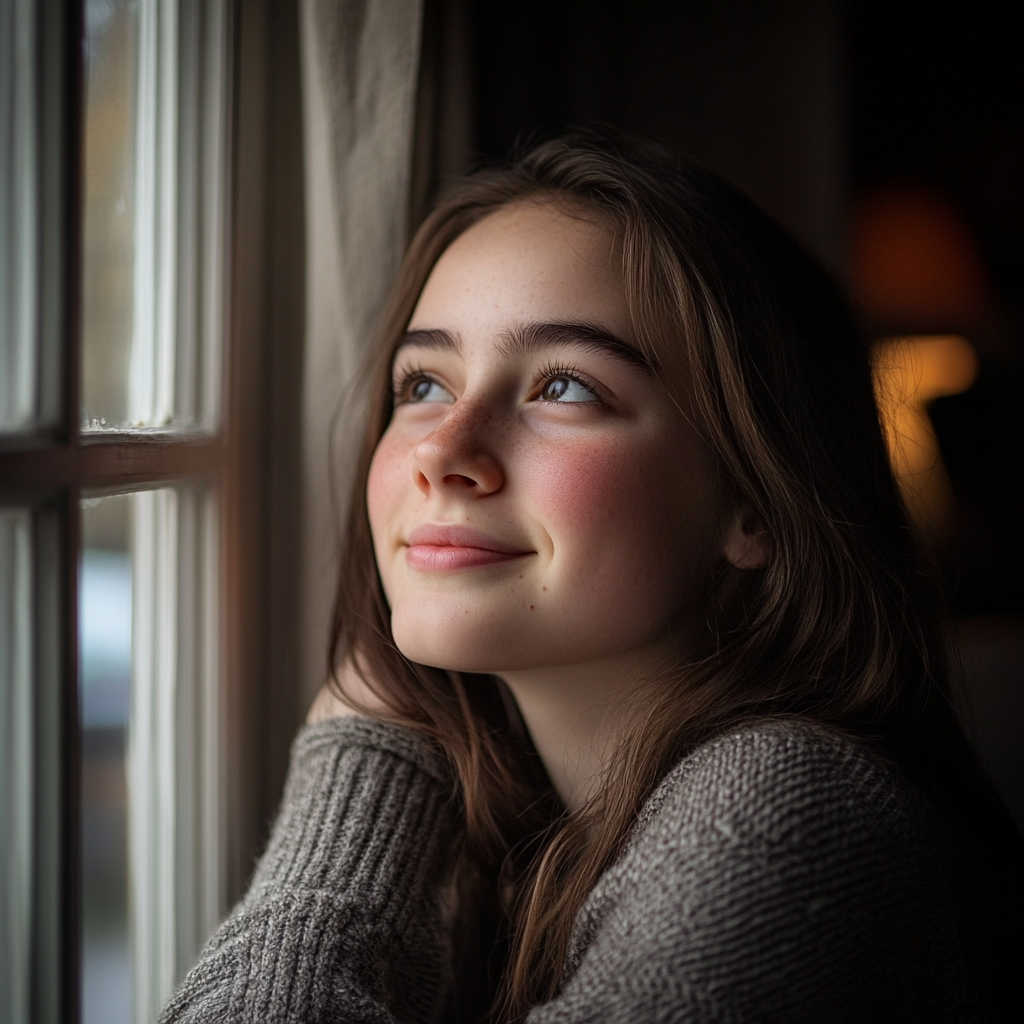 Una adolescente mirando por la ventana | Fuente: Midjourney