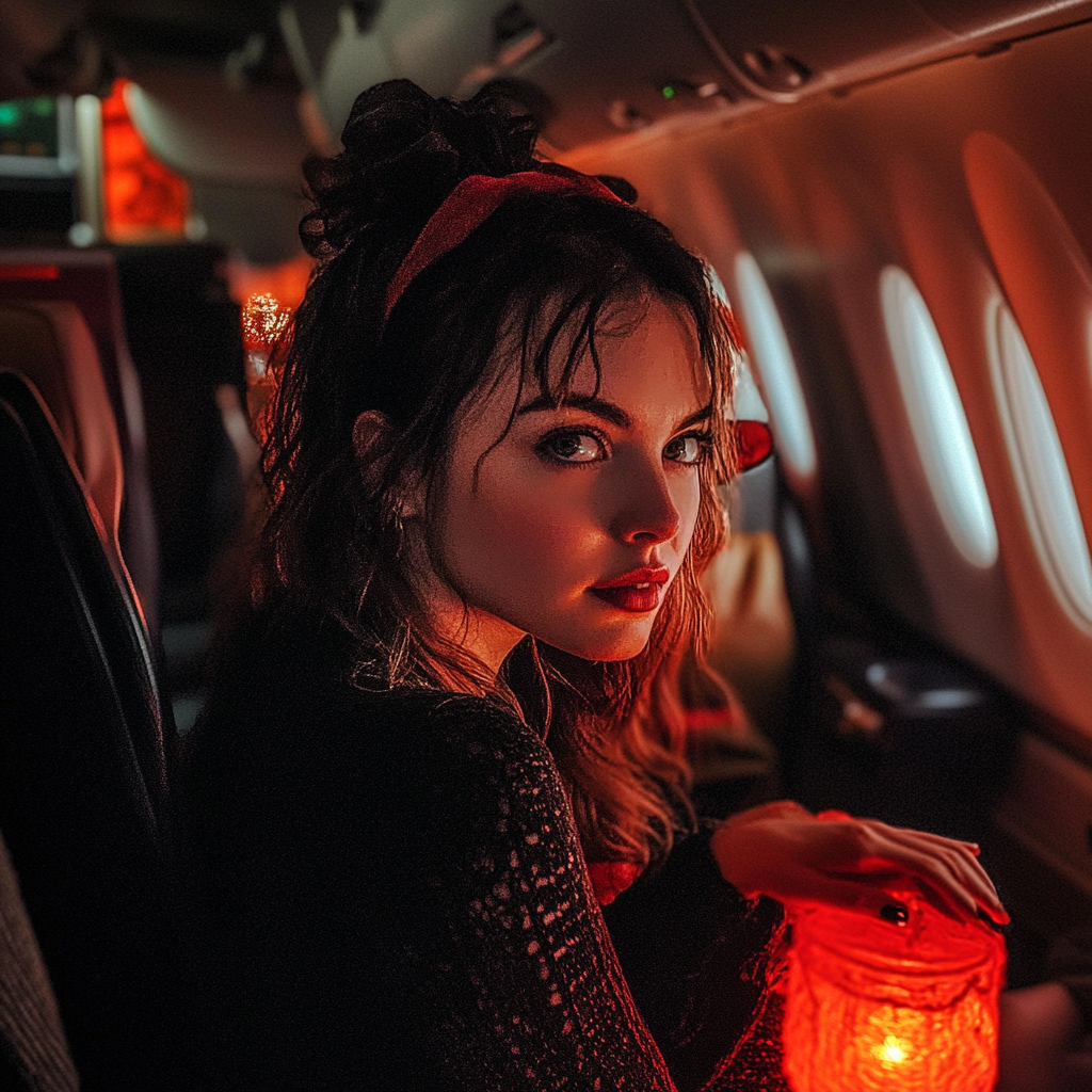 Mujer en un avión durante Halloween | Fuente: Midjourney