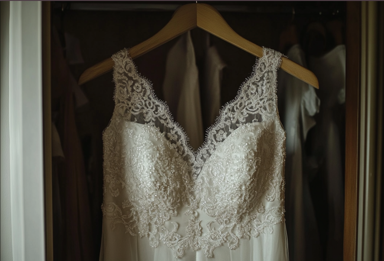 Un vestido de novia colgado en un armario | Fuente: Midjourney