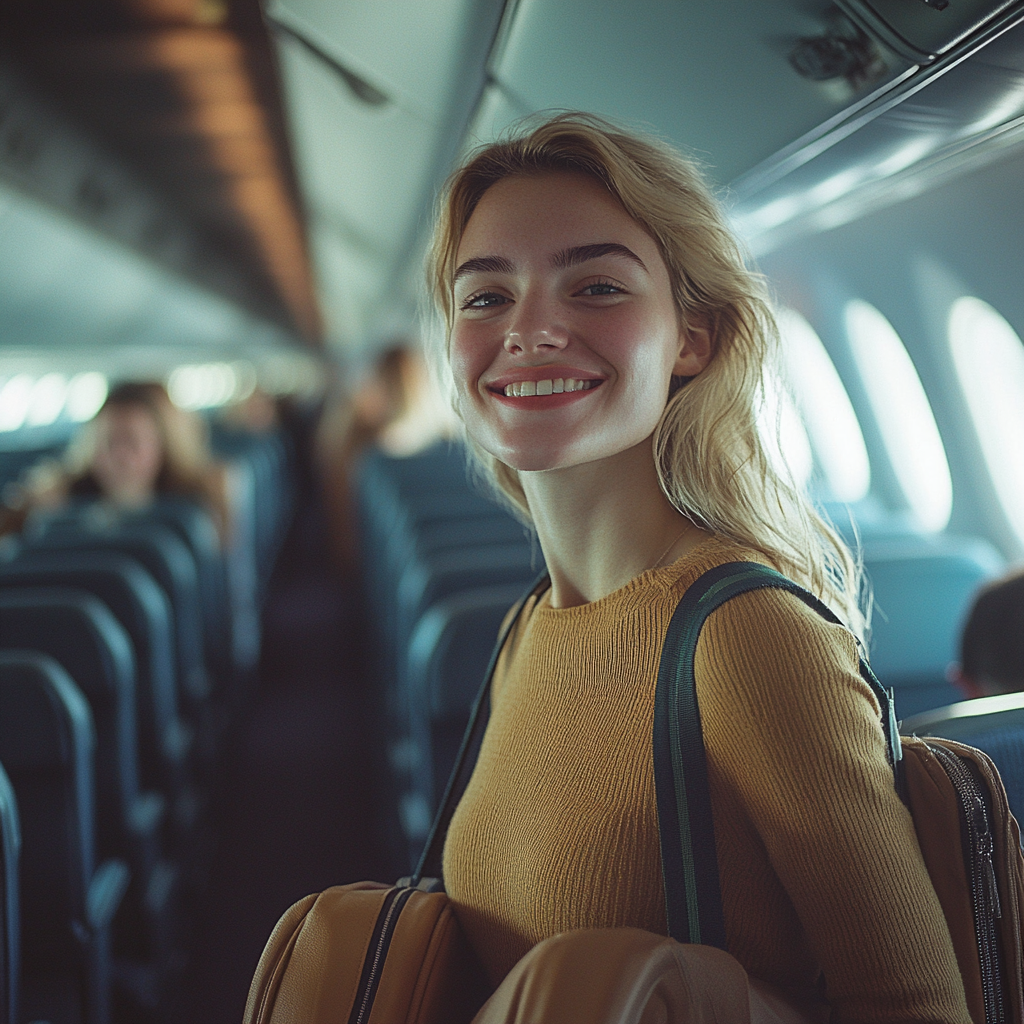 Una mujer llevando su equipaje en un avión | Fuente: Midjourney