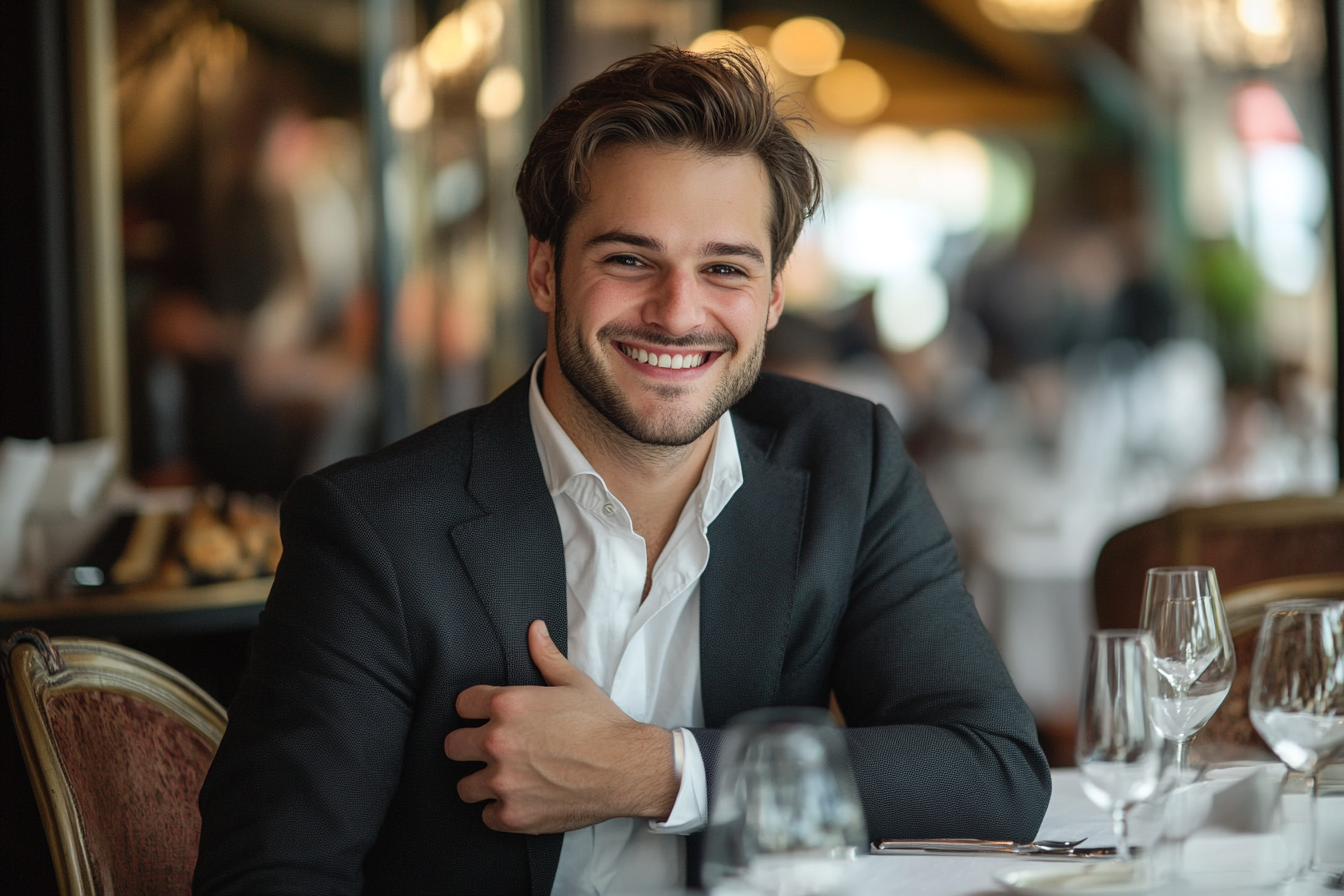 Un hombre en un restaurante apoyando una mano en el pecho | Fuente: Midjourney